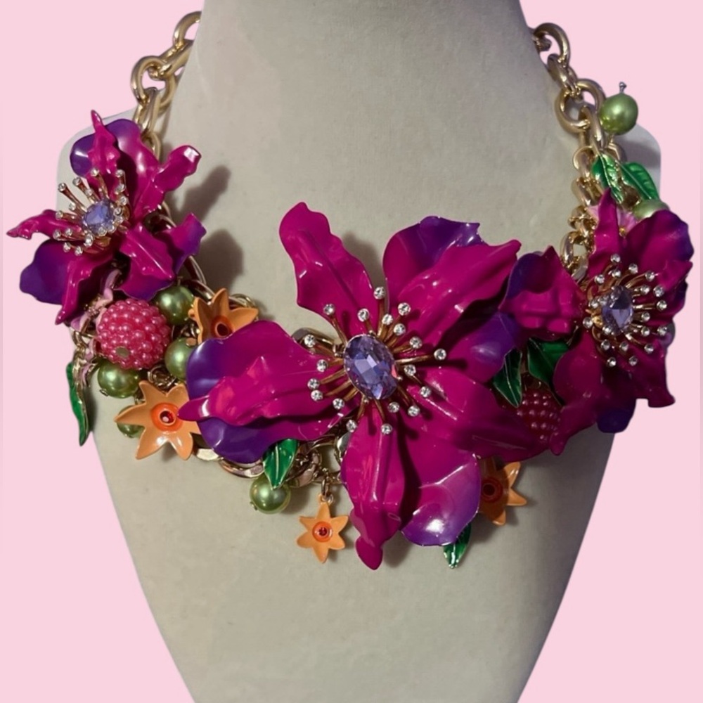 BETSEY JOHNSON SET Pink & Purple Ombré Orchid Earrings Necklace & Ring NEW NWT - Picture 11 of 16